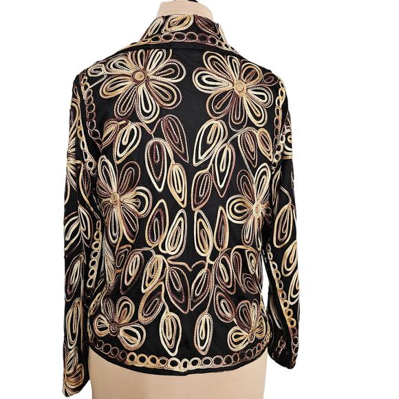 Anu by Natural Blazer Womens Medium Floral Embroidered Open Shacket Black Cream - Picture 2 of 14
